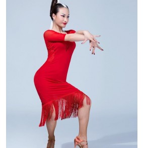 Black red short sleeves V  neck women's ladies female fringes performance competition professional latin dance dresses